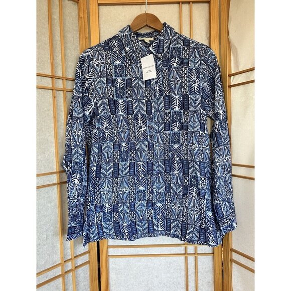 Appleseeds Women’s SM Blue Crinkled Cotton Geometric Print Button Down Shirt NWT - Picture 1 of 12